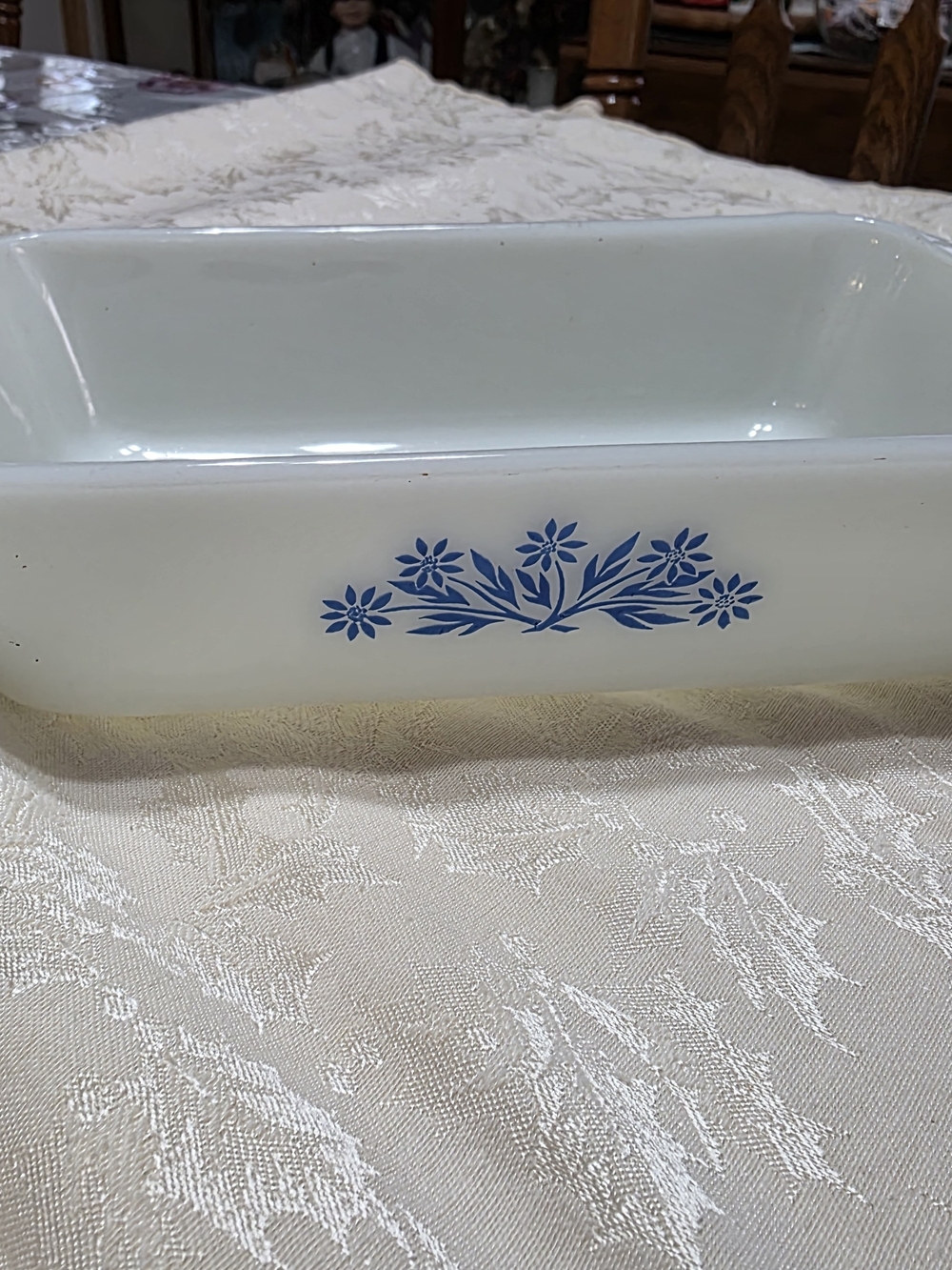 Anchor Hocking White Milk Glass Casserole Dish with Blue Floral Pattern